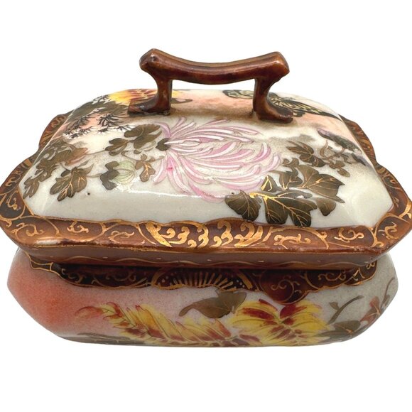 Vintage 40s Asian Art Porcelain Trinket Box Lidded Handle Floral Butterfly - Picture 4 of 13